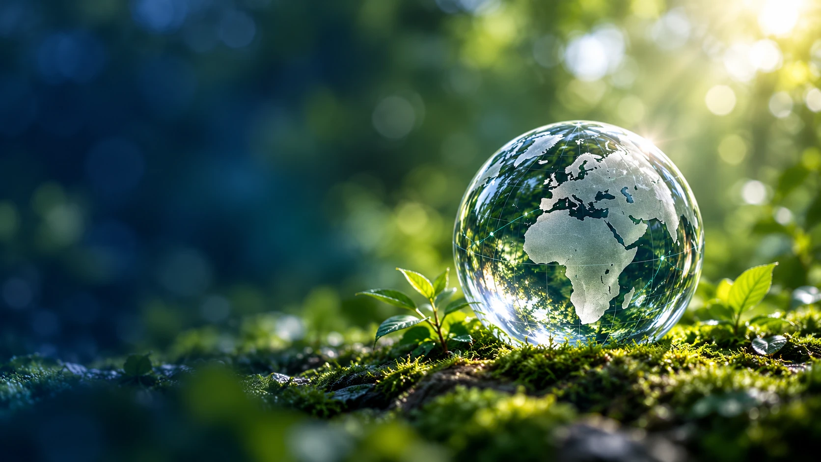 Globe terrestre en verre posé sur de la mousse en forêt